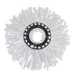 Top-down view of a white twisted microfiber mop head with black plastic center ring.