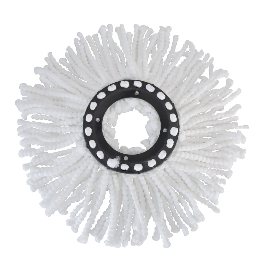 Top-down view of a white twisted microfiber mop head with black plastic center ring.