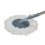 Close-up of round mop head and swivel joint showing white microfiber strands and grey plastic center