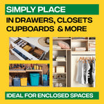 Yellow panel with text simply place in drawers, closets, cupboards & more and photos showing closet, drawers and storage areas