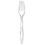 Single clear disposable fork on a white background showing full length and tines, highlighting molded handle details