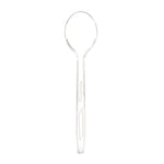 Single clear plastic jumbo spoon on a white background showing spoon bowl and textured handle details