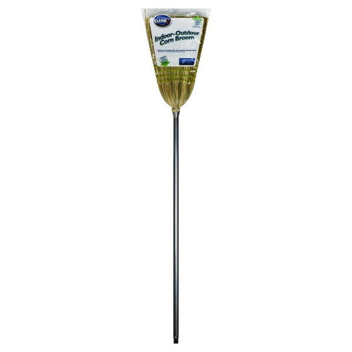 Single packaged indoor-outdoor corn broom with natural straw bristles and a long black metal handle on a white background