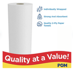 Single unwrapped white paper towel roll with POM branding strip at bottom and icons noting individually wrapped and 2-ply.