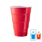 Single red disposable party cup on white background with small infographic icons indicating cold use only