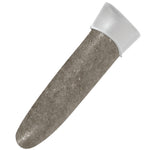 Close-up product photo of a single tapered gray spike with a white plastic cap against a white background