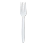 Single white disposable plastic fork photographed on a plain white background.