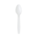 Single white plastic spoon photographed on a white background showing bowl and handle