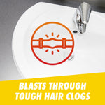 Bathroom sink close-up with drain icon and bold banner reading 'Blasts through tough hair clogs'