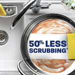 Overhead sink and frying pan with soapy residue and a yellow sponge, large text overlay reading '50% LESS SCRUBBING*'.