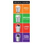 Colorful infographic showing size categories for trash bags: small, medium (8 & 13 gallons), large and extra large