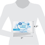 Size comparison graphic showing Great Value Free & Delicate dryer sheets box dimensions of 7" by 4.3" on a stylized torso