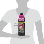Silhouette scale graphic showing a person holding a labeled bottle of Instant Power Hair Clog Remover with height measurement