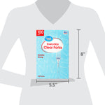 Silhouette graphic showing Great Value Everyday Clear Forks box with product dimensions 5.5" by 8" held in hands