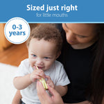Lifestyle image of an adult helping a baby use a giraffe-design toothbrush with “Sized just right” header.
