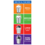 Colorful infographic grid showing bag size categories from Small to Extra Large with icons and gallon ranges