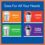 Informational infographic titled 'Sizes For All Your Needs' showing illustrated trash cans labeled small, medium, large, and extra large.