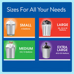 Colorful infographic titled 'Sizes For All Your Needs' showing small, medium, large and extra large trash can illustrations