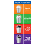 Vertical infographic showing four colored panels with trash cans labeled small, medium, large and extra large and corresponding gallon sizes.