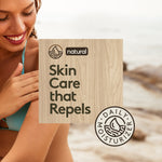 Wood-grain panel reading ‘Skin Care that Repels’ over a beach scene with a smiling person applying product.