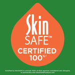 Orange teardrop SkinSAFE certified badge on green background reading “Skin SAFE Certified 100%” with small footer text