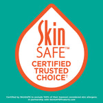 SkinSAFE certified trusted choice droplet logo in orange and white on a teal background