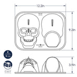 Technical line drawing of the two-cavity skull cake pan with dimensions and side profile views, labeled for measurements.