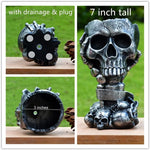 Collage showing skull planter front view, interior diameter labeled 3 inches, and base with drainage plug