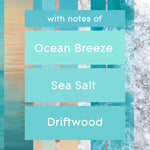 Graphic panels listing fragrance notes: Ocean Breeze, Sea Salt, Driftwood with coastal imagery behind the text