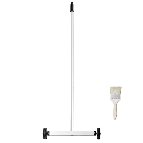 SKYSHALO magnetic broom with telescopic handle and wheel-mounted magnetic bar on white background, paintbrush beside it
