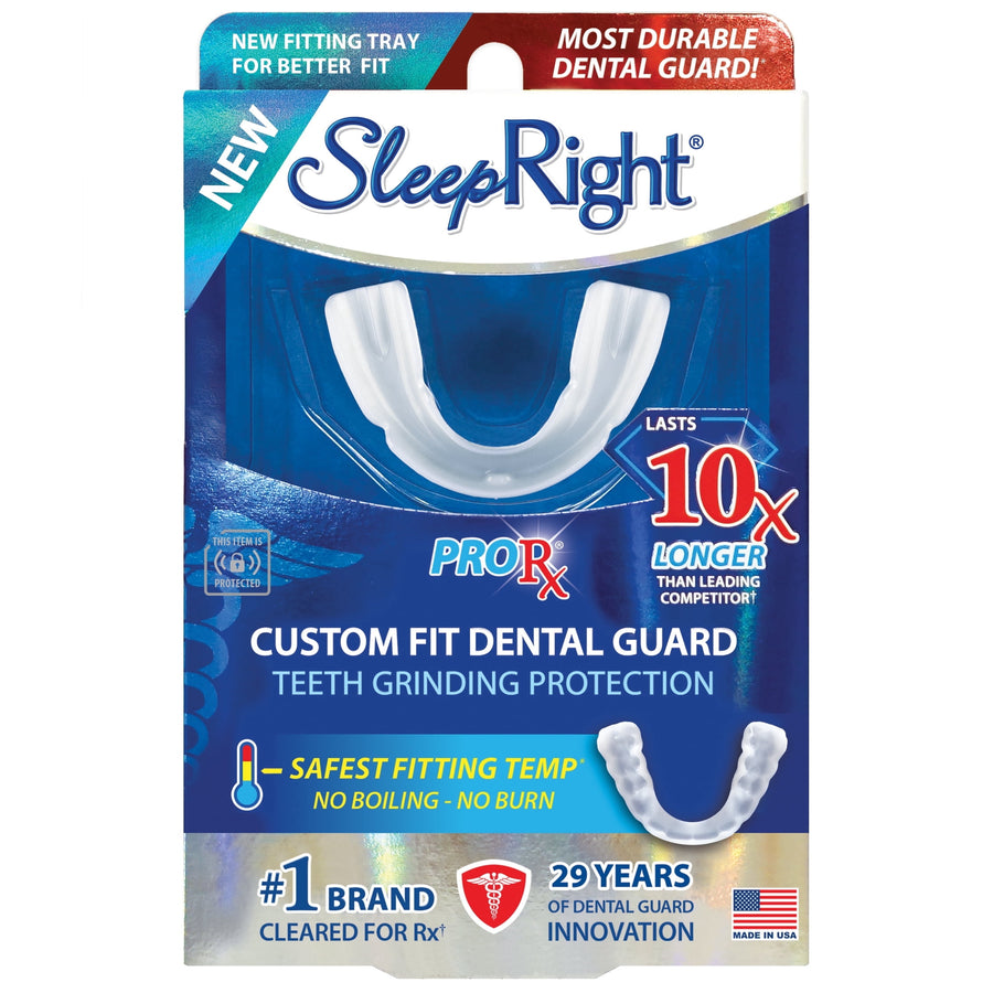 SleepRight ProRx retail blister-pack showing a clear custom-fit dental guard in blue-and-white packaging