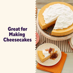 Sliced cheesecake on a cake stand with a plated piece in foreground beside copy reading “Great for Making Cheesecakes”