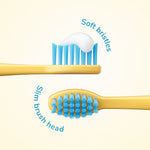 Yellow toothbrush head detail showing slim brush head and blue soft bristles with informational 'soft bristles' text.
