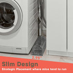 Slim clear humane mouse trap positioned beside a washing machine in a laundry area with measurement callout 2.95 inches