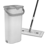 Slim white mop bucket with gray handle and a flat mop head positioned behind it, photographed on white background
