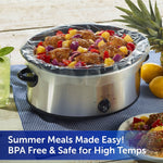 Slow cooker fitted with a clear liner holding cooked meat and vegetables on a tabletop, promotional banner noting BPA free