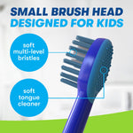 Illustrated close-up of a small child-sized brush head showing multi-level soft bristles and a soft tongue cleaner