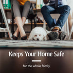 Small white dog lying on a rug between seated people with overlay text keeps your home safe