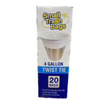 Front narrow panel of Small Trash Bags packaging showing logo, liner-in-can image and '4 gallon twist tie 20 bags' text
