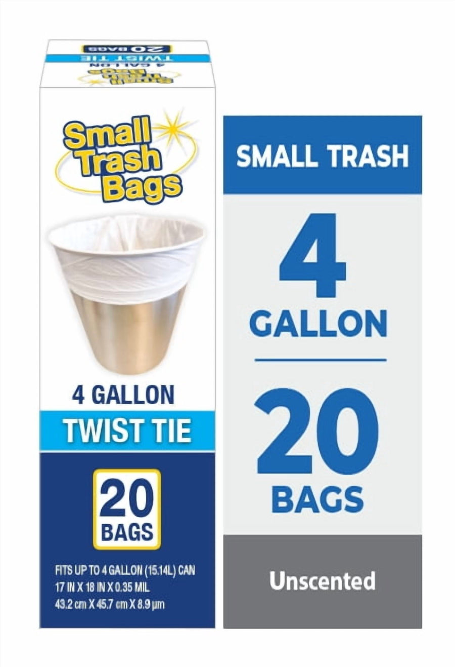 Packaged box front showing 'Small Trash Bags' branding, 4 gallon twist-tie bags and '20 bags' callout