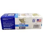 Side view of a boxed Small Trash Bags package showing '4 gallon', 'twist tie' and 20 bags label with barcode and flag