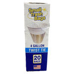 Tall narrow view of a Small Trash Bags box showing product logo, image of lined can and '4 gallon twist tie 20 bags'