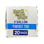 Top-down view of a Small Trash Bags box face showing '4 gallon', 'twist tie' and '20 bags' badge