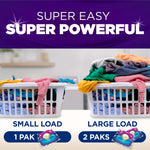 Two laundry baskets with folded clothes labeled small and large load guidance, showing recommended 1 pak or 2 paks per load