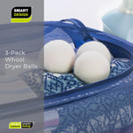 Branded product image with Smart Design logo and three wool dryer balls in a blue mesh bag