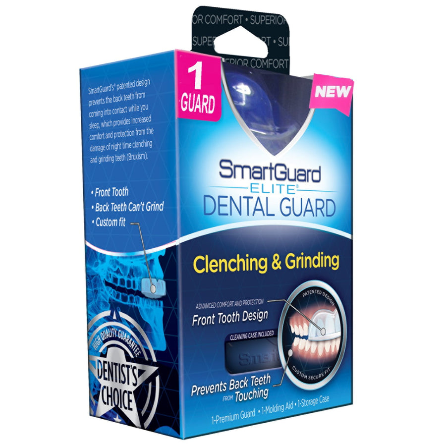 SmartGuard Elite dental guard retail box with branding and product illustration for clenching and grinding