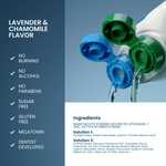 Close-up graphic of three activated bottle caps pouring with list of lavender & chamomile flavor attributes and ingredient panel