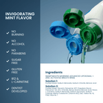Close-up of SmartMouth dual caps pouring liquid with ingredient panel and checklist listing mint flavor attributes