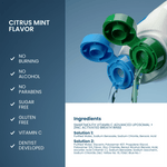 Close-up pour view of dual-solution SmartMouth caps with citrus slice and ingredient panel and product feature checklist
