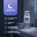 SmartMouth Evening bottle displayed on tiled bathroom surface with icons highlighting melatonin and zinc and 24-hour prevention
